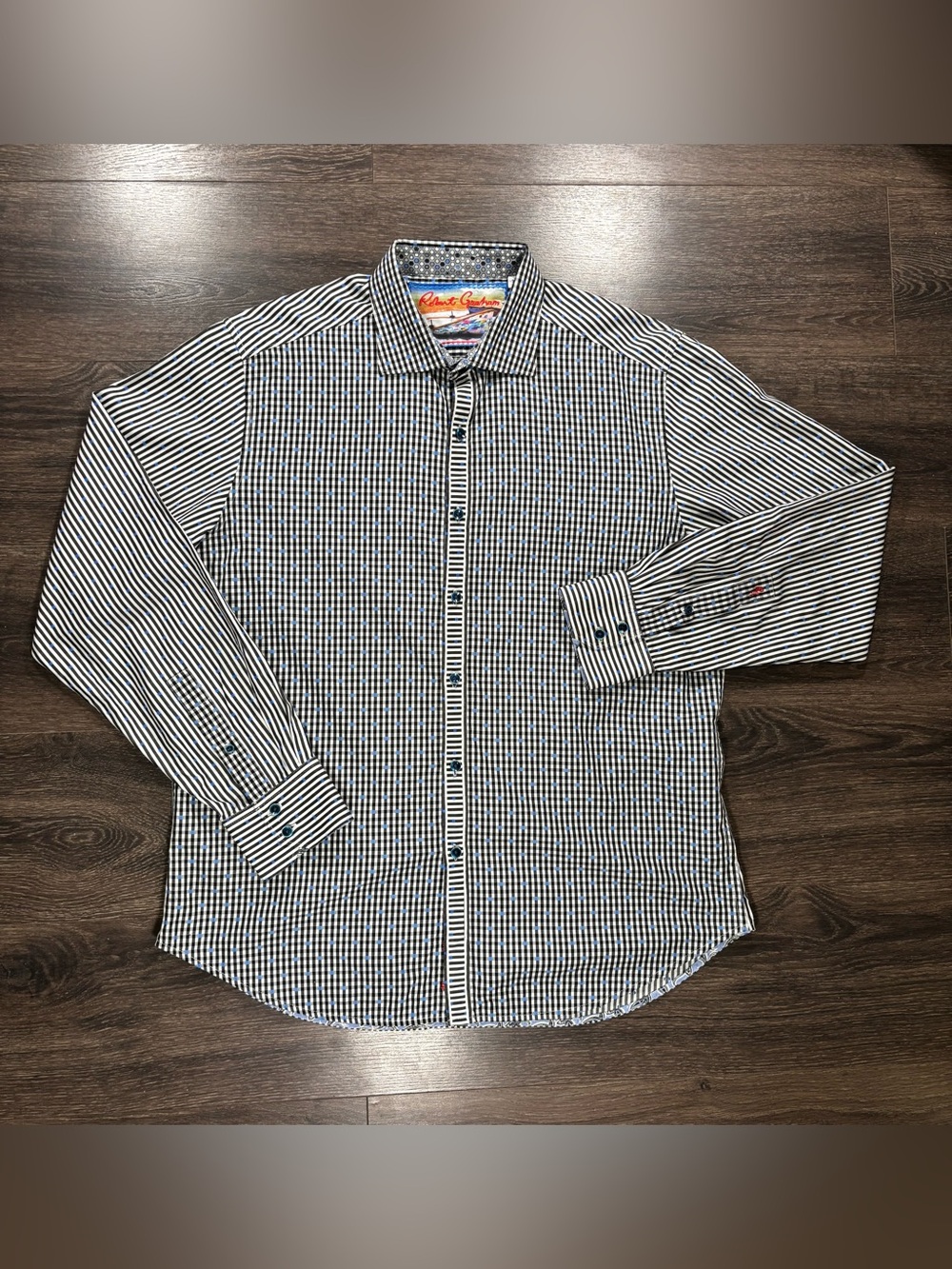 Robert Graham Blue and White Checked Long-Sleeve Shirt Size XL
